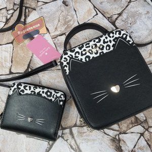 Daisy Meow Vanity Black White Cat Crossbody Small Zip Around Wallet Kate Spade
